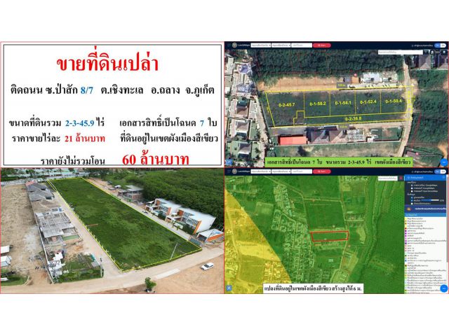 ขายที่ดินเปล่า ขนาด 2-3-45.9 ไร่ ติดถนน ซ.ป่าสัก 8/7 ต.เชิงทะเล อ.ถลาง ภูเก็ต