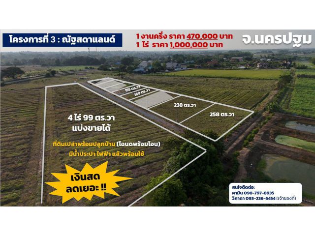 ที่ดินแบ่งขาย ติดรั้วโรงเรียนการบิน อ.กำแพงแสน จ.นครปฐม