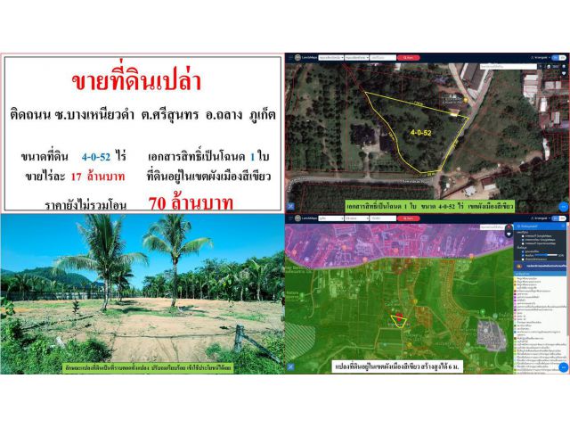 ขายที่ดินเปล่า ขนาด 4-0-52 ไร่  ติดถนน ซ.บางเหนียวดำ  ต.ศรีสุนทร  อ.ถลาง  ภูเก็ต