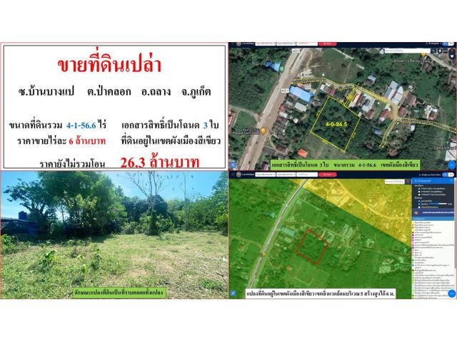 ขายที่ดินเปล่า ขนาด 4-1-56.6 ไร่  ซ.บ้านบางแป  ต.ป่าคลอก  อ.ถลาง  ภูเก็ต