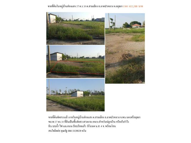 ขายที่ดินจัดสรร 57 ตร.วา ภายใน ม.ส่องแสง ต.สามเมือง อ.ลาดบัวหลวง จ.พระนครศรีอยุธยา