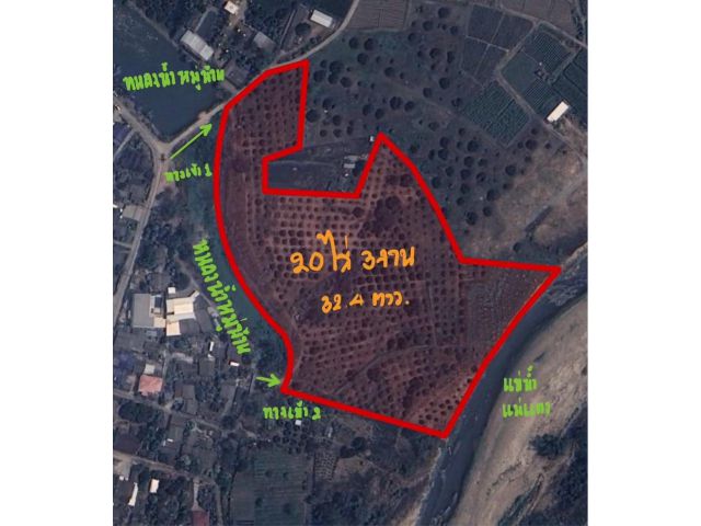 ขายที่ดินถมแล้ว 20 ไร่ 3 งาน 32.4 ตร.ว. เป็นสวนเกษตร (ไม่เสียภาษีที่ดิน) ติดแม่น้ำแตง อ.แม่แตง จ.เชียงใหม่
