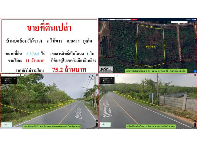 ขายที่ดินเปล่า ขนาด 6-3-36.6 ไร่  บ้านบ่อส้อม(ไม้ขาว)  ต.ไม้ขาว  อ.ถลาง  ภูเก็ต