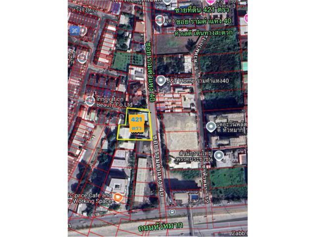 R69-84ขายที่ดิน 421 ตรว.ซอยรามคำแหง 40 ทำเลดี เข้าออกได้ 2 ด้าน ทั้งถนนรามคำแหงและถนนหัวหมาก(รามคำแหง 24) ถนนซอยกว้าง 12 เมตร ใกล้แนวรถไ