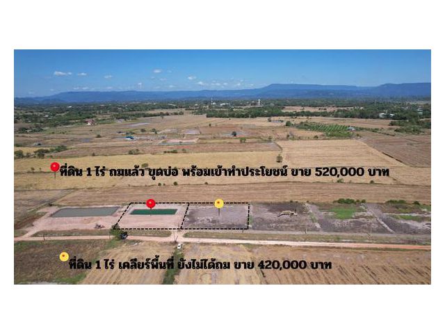 ที่ดิน 1 ไร่ ถมแล้ว (ขุดบ่อโคกหนองนา) มีโฉนด ขาย 520,000 บาท