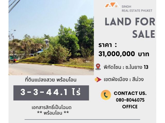 ** LAND FOR SALE ** ที่ดินเปล่า  3-3-44.1 ไร่  ( ในยาง S4 NAIYANG BEACH PHUKET )