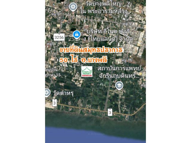 ขายที่ดินสมุทรปราการ 50 ไร่ ละ 4 ล้าน บางพลี หน้าติดถนน หลังติดคลอง