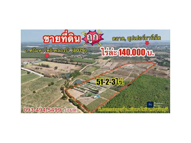 ดินถูกปราจีนบุรี  ใกล้เทศบาลกรอกสมบูรณ์ (หลังสนามไดร์ฟกอล์ฟ 304)    |ไร่ล่ะ 140,000 บาท ( 51-2-3 ไร่.)  ยกแปลง 7.2 ลบ. |