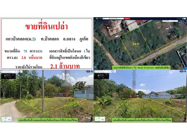 ขายที่ดินเปล่า ขนาด 75 ตรว.  แถวป่าคลอก(ม.2)  ต.ป่าคลอก  อ.ถลาง  ภูเก็ต