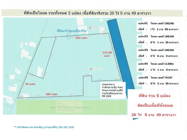 ขายที่ดิน 20ไร่ ด้านหน้าติดถนน 4 เลน(กำลังสร้าง) ด้านข้างและด้านหลัง ติดถนนซอย