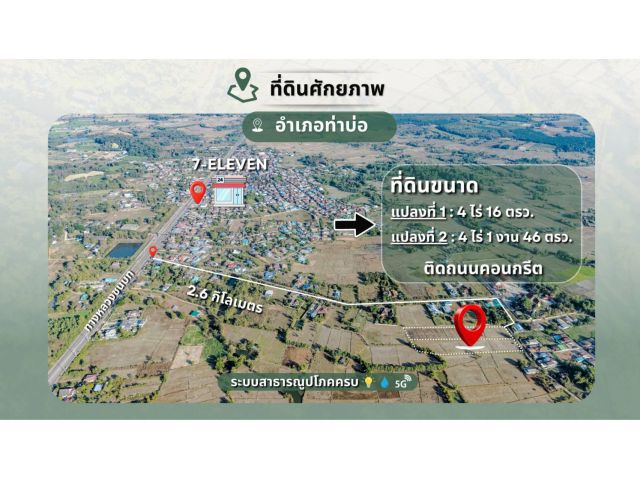 ขายที่ดินเปล่า 2 แปลงติดกัน 8ไร่ 1งาน 62 ตร.ว. ติดถนนคอนกรีต ทำเลทอง ท่าบ่อ หนองคาย