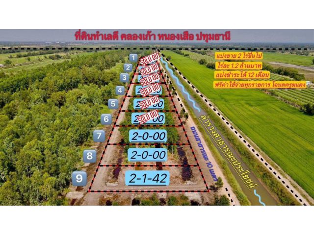 ที่สวยทำเลดี อนาคตไกล ค.9 ต.บึงชำอ้อ อ.หนองเสือ ปทุมธานี ติดถนนเลียบคลองแอน แบ่ง 1 ไร่ มีเพียง 6 แปลงเท่านั้น