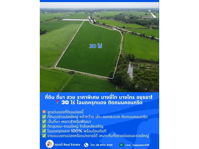 ที่ดิน ที่นา บางไทร อยุธยา! สวย ราคาพิเศษ   ขนาด 30 ไร่ โฉนดครุฑแดง ติดถนนคอนกรีต  ขายถูกที่สุดในย่านนี้