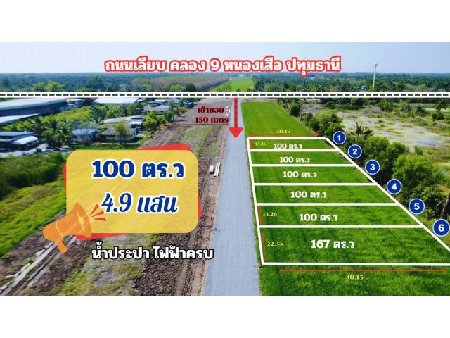 คลอง 9 หนองเสือ  ️100 ตร.ว 4.9 แสน️ อยู่ในชุมชน ถนน 7 เมตร น้ำประปา ไฟฟ้าครบพร้อมใช้ ทำเลทอง การเดินทางสะดวก