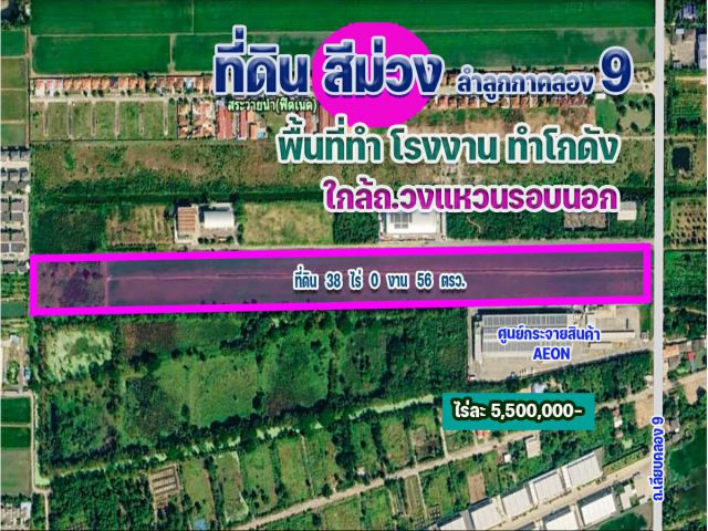 ขายที่ดินสีม่วง ลำลูกกา คลองเก้า 38 ไร่ ทำโกดัง,โรงงาน