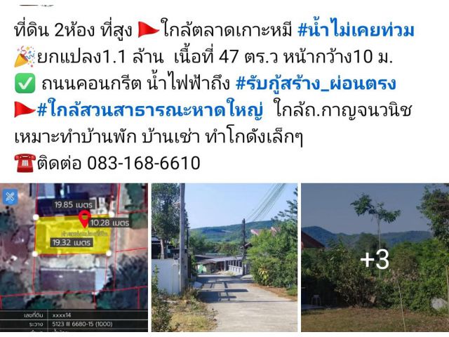 ที่ดิน 2ห้อง ที่สูง ใกล้ตลาดเกาะหมี #น้ำไม่เคยท่วม ยกแปลง1.1 ล้าน  เนื้อที่ 47 ตร.ว หน้ากว้าง10 ม.  ถนนคอนกรีต