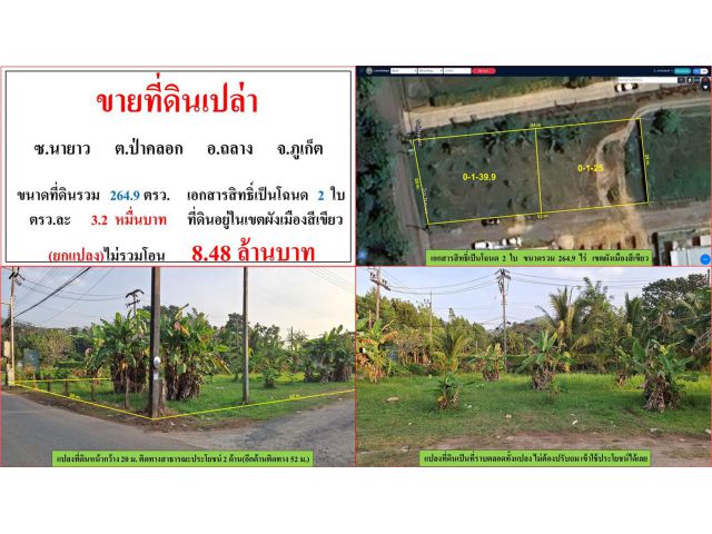 ขายที่ดินเปล่า ขนาด 264.9 ตรว.  ซ.นายาว  ต.ป่าคลอก  อ.ถลาง  ภูเก็ต