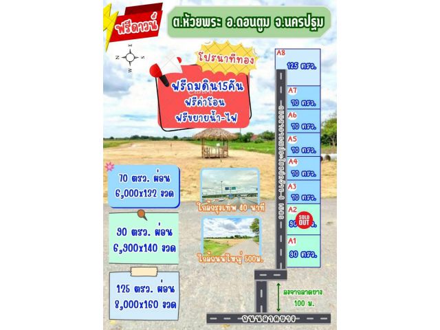 ที่ดิน ห้วยพระ ดอนตูม นครปฐม ขนาดเริ่มต้น 70-125 ตร.วา