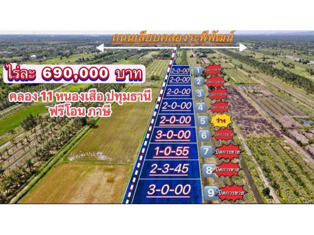 ที่ดินทำเลดีเชิงเกษตร คลอง 11 อ.หนองเสือ จ.ปทุมธานี