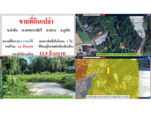 ขายที่ดินเปล่า ขนาด 2-3-30.4 ไร่  ซ.ย่าจัน  ต.เทพกระษัตรี  อ.ถลาง  ภูเก็ต