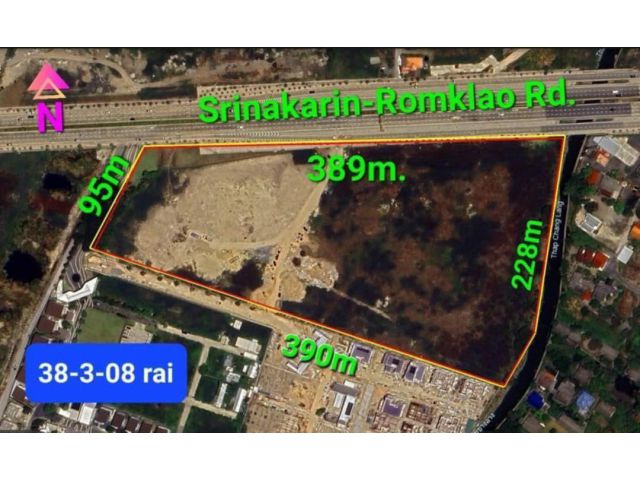 R69-48ขายที่ดิน 38 ไร่ แปลงใหญ่ แปลงสวย ติดถนนศรีนครินทร์- ร่มเกล้า กรุงเทพกรีฑาตัดใหม่ เดินทางสะดวก ติดกรุงเทพกรีฑาตัดใหม่ 8 เลน