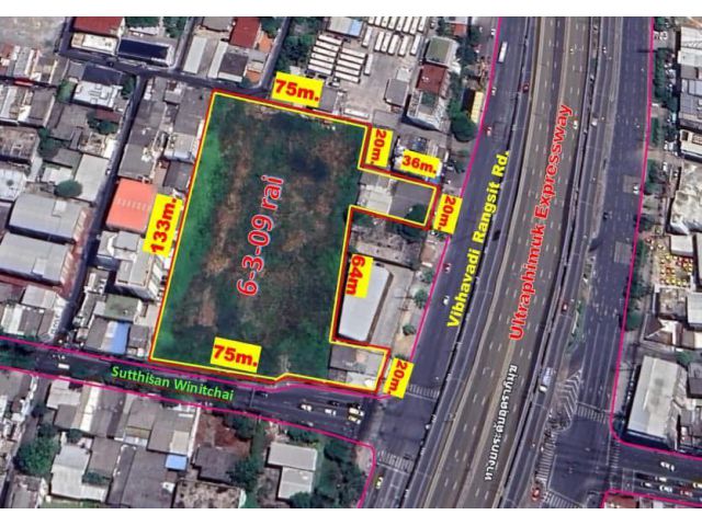 Land for sale, 6 rai, beautiful plot, next to Suthisan Winitchai Road - Vibhavadi Rangsit Road. Area 6-3-09 rai ( 2,709