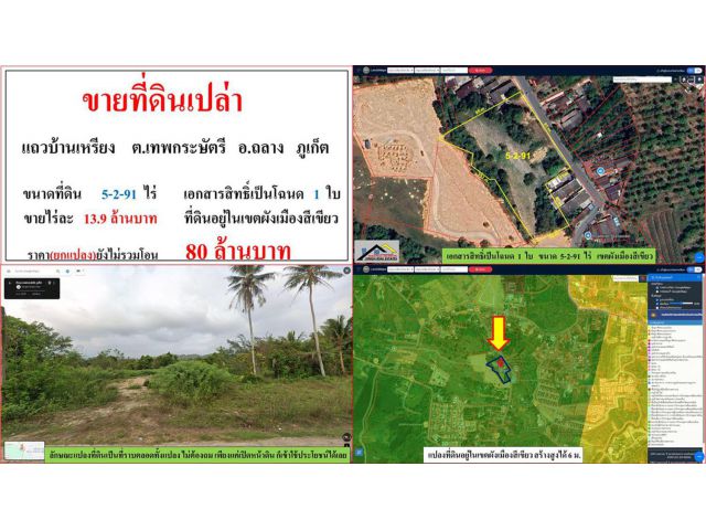ขายที่ดินเปล่า ขนาด 5-2-91 ไร่  แถวบ้านเหรียง  ต.เทพกระษัตรี  อ.ถลาง  ภูเก็ต