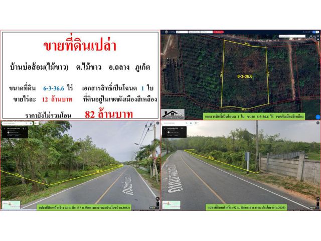 ขายที่ดินเปล่า ขนาด 6-3-36.6 ไร่  บ้านบ่อส้อม(ไม้ขาว)  ต.ไม้ขาว  อ.ถลาง  ภูเก็ต