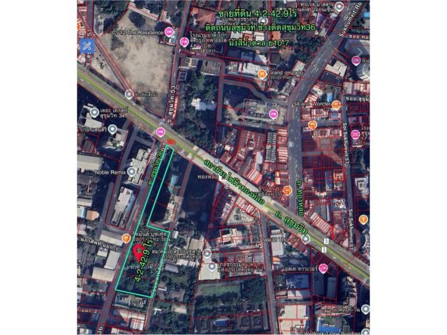 R69-064ที่ดิน4-2-42.9 ไร่ สุขุมวิท36. ติดถนนสุขุมวิท   ด้านข้างติดซอยสุขุมวิท 36 หน้ากว้างติดถนนสุขุมวิท 14เมตรลึกไปตามซอย 239เมตร โอกาสดีของนักลง