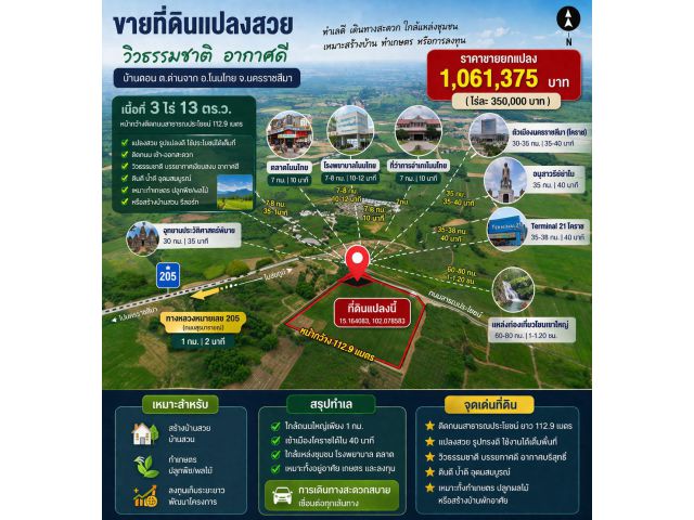 ขายที่ดินโนนไทย โคราช 3 ไร่ ติดถนน ใกล้ 205 เพียง 1.06 ล้าน