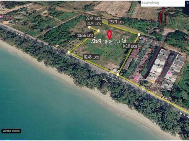 ขายที่ดินเปล่าติดถนนเรียบทะเลหาดแม่รำพึงจ.ระยองเนื้อที่10ไร่3งาน41.8ตรว.ขายราคาไร่ละ8.500.000ลบ.นัดดูที่ดินได้ครับ