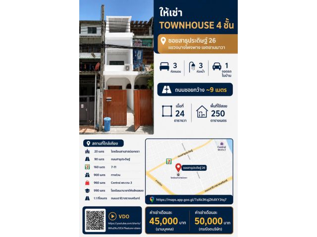 ให้เช่า Townhouse 4 ชั้น 3 ห้องนอน 3 ห้องน้ำ ซอยสาธุประดิษฐ์ 26