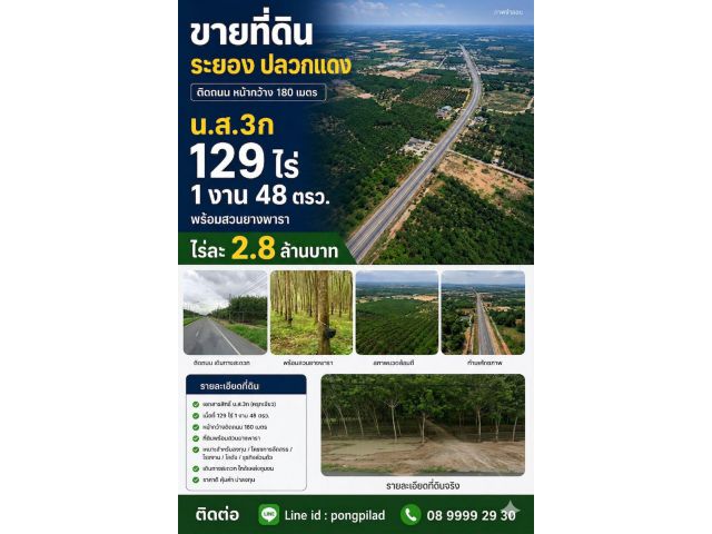 ขายที่ดินปลวกแดง ระยอง น.ส.3ก 129 ไร่ 1 งาน 48 ตรว.ไร่ละ 2.8 ล้าน พร้อมสวนยางพารา