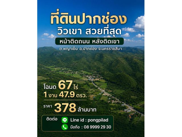 ขายที่ดินปากช่อง พญาเย็น โฉนด 67 ไร่ 1 งาน 47.9 ตรว.วิวเขา หลังติดเขา