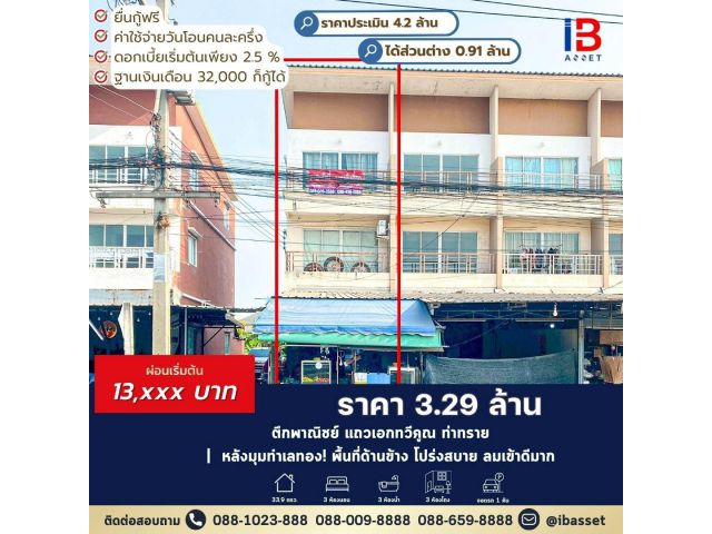 หลังมุมทำเลทอง! ตึกพาณิชย์ 3 ชั้น ย่านเอกทวีคูณ-ท่าทราย เพียง 3.29 ล้าน