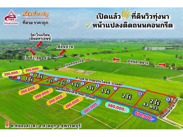 เปิดจองแล้วที่ดินวิวทุ่งนา อำเภอสามชุก หน้าแปลงติดถนนคอนกรีต เริ่มต้น 1 ไร่ 280,000.- ️