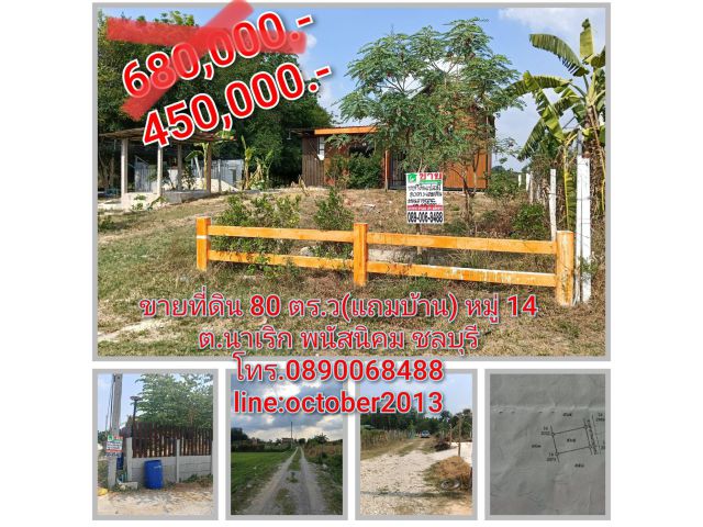 ขายที่ดิน 80 ตร.ว(แถมบ้าน) หมู่ 14 ต.นาเริก อ.พนัสนิคม ชลบุรี