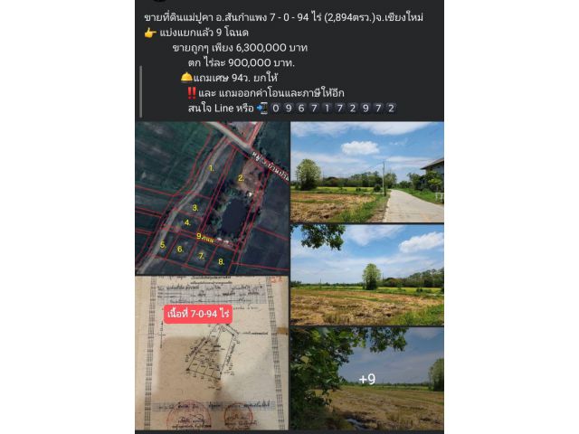 +++ ขายที่ดินแม่ปูคา อ.สันกำแพง 7-0-94 ไร่ (2,125ตรว.)จ.เชียงใหม่