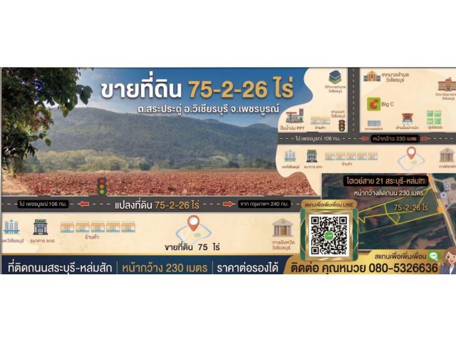 ขายที่ดินทำเลศักยภาพ อำเภอวิเชียรบุรี จังหวัดเพชรบูรณ์ เนื้อที่รวม 75-2-26 ไร่ ติดถนนไฮเวย์สาย 21 สระบุรี–หล่มสัก หน้ากว