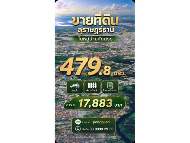 ขายที่ดินเมืองสุราษฎร์ธานี 479.8 ตรว.ในหมู่บ้านจัดสรร ผังชมพู