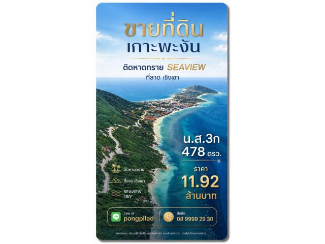 ขายที่ดินเกาะพะงัน น.ส.3ก 478 ตรว. ติดหาดทราย Seaview