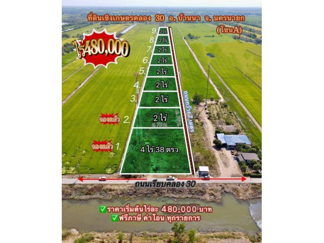 ️ที่ดินคลอง 30 บ้านนา (ต.ทองหลาง) ที่ดินเชิงเกษตร บ้านสวน ต.ทองหลาง อ.บ้านนา จ.นครนายก ️ แบ่ง 2 ไร่ขึ้นไป ️ไร่ละ 480,000