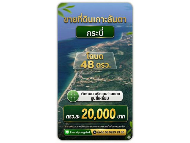 ขายที่ดินเกาะลันตาใหญ่ กระบี่ โฉนด 48 ตรว.บริเวณสามแยก