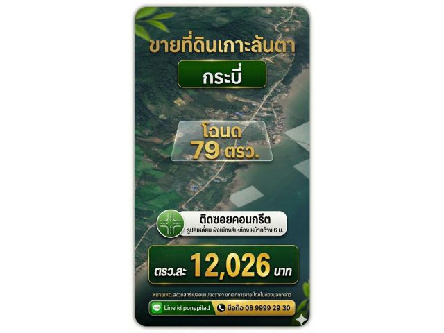 ขายที่ดินเกาะลันตาใหญ่ กระบี่ 79 ตรว.ใกล้ทะเล ในซอย