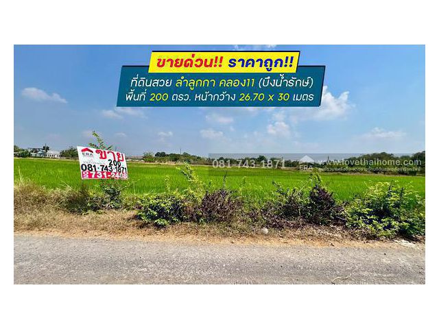 ขายด่วน ที่ดินสวย ลำลูกกา คลอง11 (บึงน้ำรักษ์) พื้นที่ 200 ตรว. เยื้อง บจก.บอส อินซูเลชั่น ราคาถูกที่สุดในย่านนี้