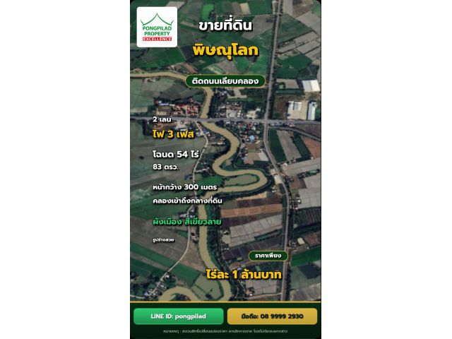 ขายที่ดินพิษณุโลก 54 ไร่ 83 ตรว.ติดถนน หน้ากว้าง 300 เมตร ไฟสามเฟส