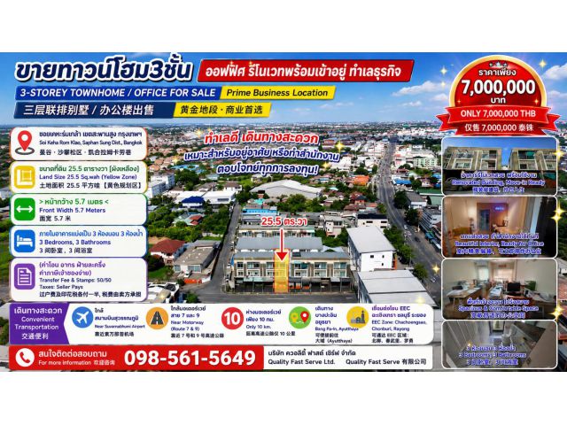 ขายทาวน์โฮม3ชั้น ออฟฟิศ รีโนเวทพร้อมเข้าอยู่ ทำเลธุรกิจ
