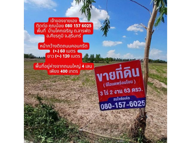 ขายที่สวยติดถนนคอนกรีตหมู่บ้าน ห่างจากถนนใหญ่ 4 เลนประมาณ 400 เมตร