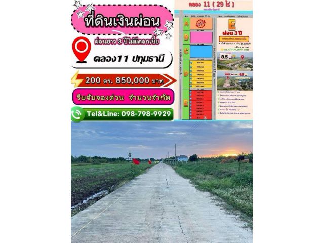 #ที่ดินเงินผ่อน #ที่ดินคลอง11 รังสิต ปทุมธานี 200 ตร.ว 8.5 แสน (ผ่อนยาว3 ปี ไม่มีดอกเบี้ย)