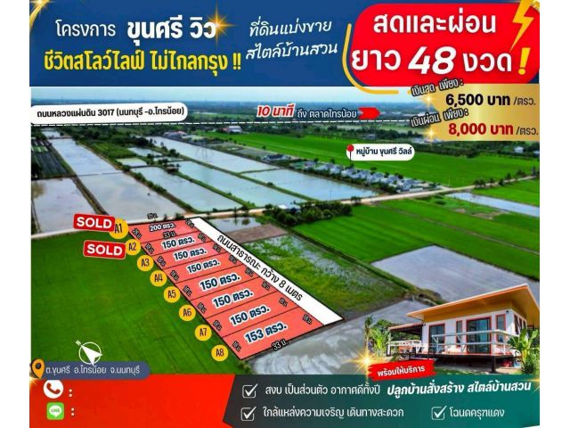 ที่ดิน ขุนศรี-ไทรน้อย จ.นนทบุรี เหมาะสำหรับสร้างบ้าน,สร้างบ้านขาย,บ้านวัยเกษียณ,ลงทุนเก็งกำไร น้ำประปา-ไฟฟ้า 3เฟสพร้อม